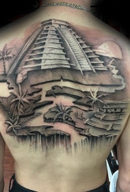 背部彩色的玛雅金字塔与河流和棕榈树纹身图案