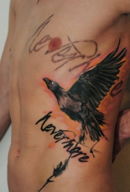 侧肋黑色乌鸦与字母纹身图案