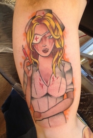 漫画风格的彩色僵尸护士手臂纹身图案