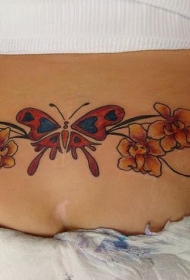 腰部彩色的蝴蝶与兰花纹身图案