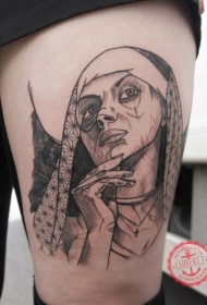 大腿素描风格黑色女性肖像纹身图案
