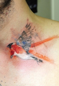 颈部水彩画小鸟彩色纹身图案