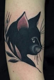 手臂简单的黑色猫和叶子纹身图案