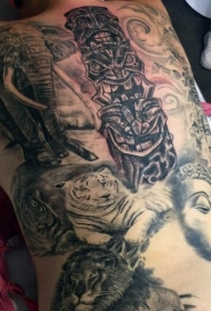 背部五彩的野生动物和佛像纹身图案