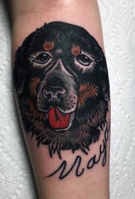 手臂戏剧性的纪念字母和狗头像纹身图案