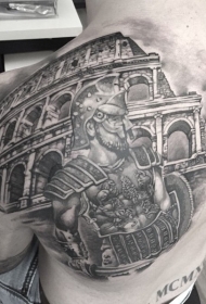 背部壮观的黑色角斗士和古罗马竞技场纹身图案