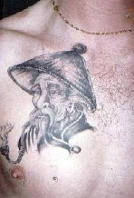 亚洲吸烟的老者肖像纹身图案
