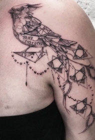 肩部神奇的黑色点刺字母鸟几何纹身图案