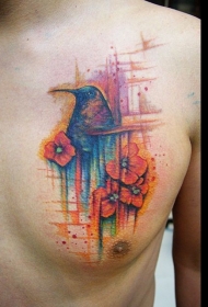 胸部水彩风格鸟和花朵纹身图案