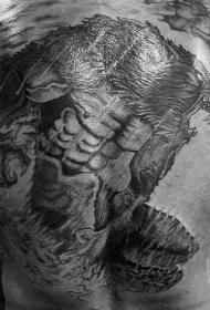 背部插画风格强大的狼人黑白纹身图案