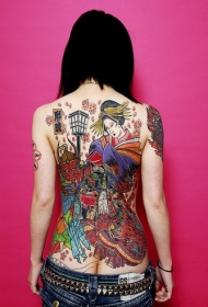 女生背部亚洲艺妓艺术品彩色纹身图案