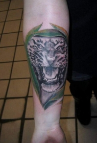 手臂咆哮的白色老虎和叶子纹身图案