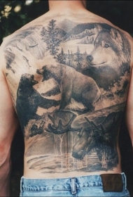惊人的黑白各种野生动物满背纹身图案