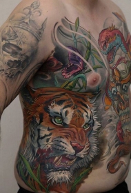 胸部和腹部彩色愤怒的老虎与蝴蝶和蛇纹身图案