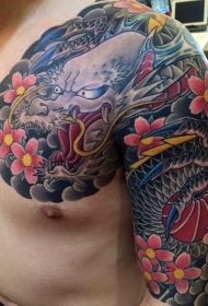 半甲壮丽的五彩亚洲风格龙花朵纹身图案