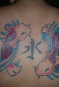 背部中国风鲤鱼和汉字彩绘纹身图案