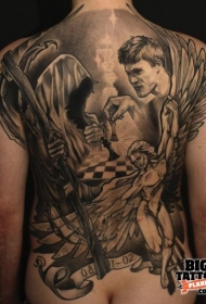 背部黑灰宗教主题死神天使纹身图案