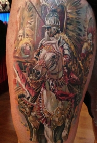 大腿精彩的彩色中世纪骑士和马纹身图案