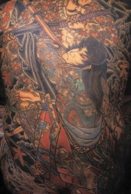 日本武士彩色满背纹身图案