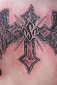 背部十字架翅膀和符号纹身图案