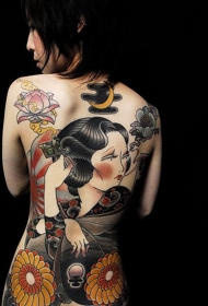 背部new school日式艺妓彩绘纹身图案