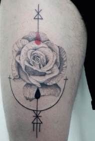 大腿雕刻风格黑色点刺玫瑰与有趣的符号纹身图案