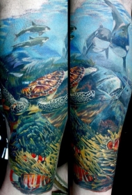 手臂上可爱逼真的彩色海洋纹身图案