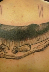 背部雕刻风格黑色线条鲸鱼和花盆纹身图案