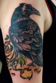 大臂黑乌鸦与黄玫瑰纹身图案