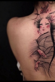 背部日本风格的彩色艺伎女人纹身图案