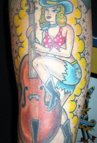 大提琴女孩彩色手臂纹身图案
