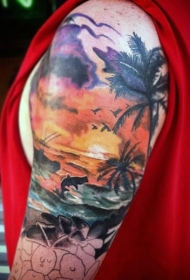 非常浪漫的彩色海洋日落与动物和棕榈树手臂纹身图案