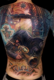 背部大型彩色幻想狙击手在城市纹身图案