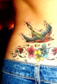 腰部彩色的小燕子与花朵纹身图案