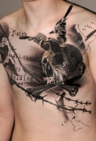 胸部骷髅骨头与字母鸽子纹身图案