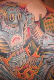 背部彩色卡通城市和巨型机器人纹身图案