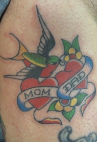 传统的心形燕子和妈妈爸爸英文纹身图案