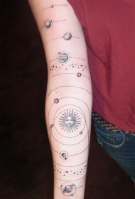 手臂黑色太阳与各种行星纹身图案