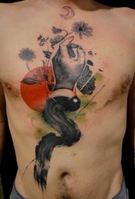 胸部超现实主义风格人手花朵和月亮纹身图案
