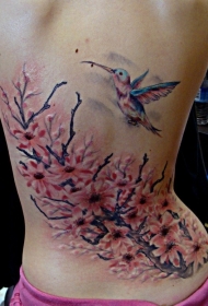 女性背部开花的树和一只蜂鸟纹身图案