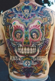 背部墨西哥彩色骷髅圣心纹身图案