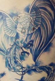 背部 精致的蓝色神秘凤凰鸟纹身图案