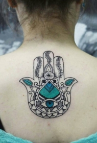 背部简单的彩色法蒂玛之手纹身图案
