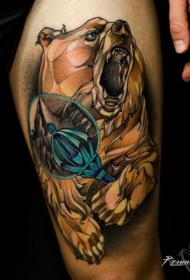 大腿现代风格彩色咆哮熊与魔术棒纹身图案