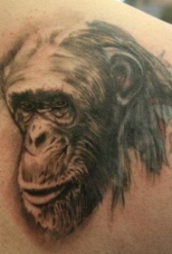 背部黑灰风格黑猩猩头部纹身图案
