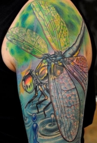 手臂彩色的蜻蜓和水滴纹身图案