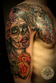 半甲墨西哥骷髅花朵和死亡女郎彩绘纹身图案
