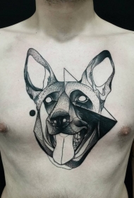 胸部素描风格黑色点刺神奇狗头纹身图案
