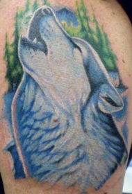 美丽的蓝色狼与树林纹身图案