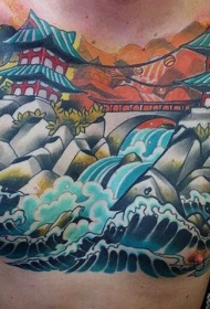胸部亚洲风格的彩色房子与瀑布纹身图案